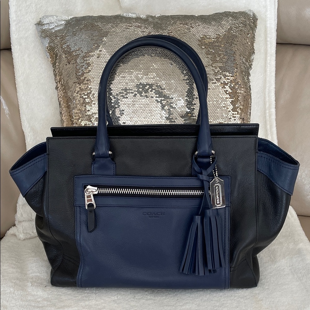 Coach Legacy Candace Carryall Black Navy LeatherTote Bag Tassels